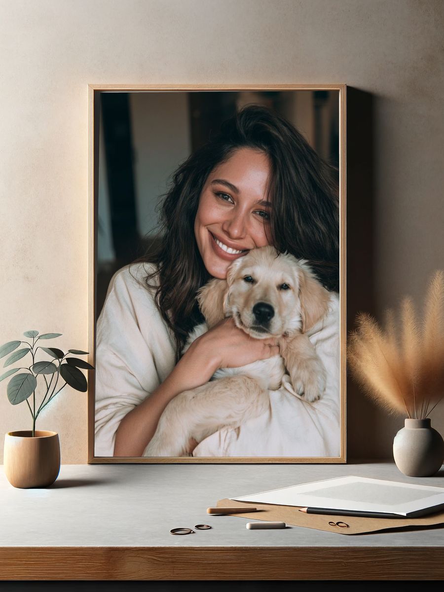 Woman with Golden Retriever Puppy Poster. — room view 2