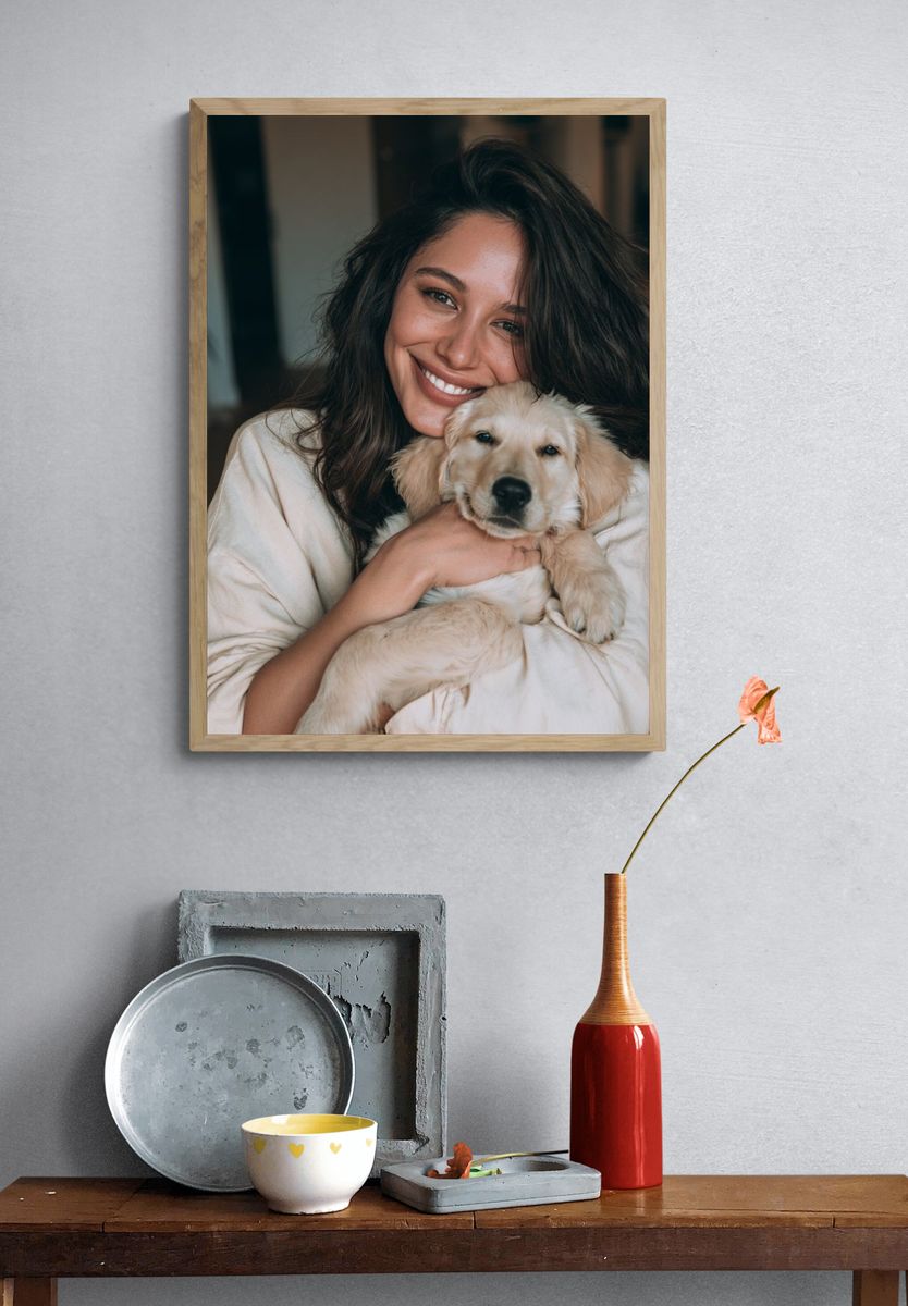 Woman with Golden Retriever Puppy Poster. — room view 3