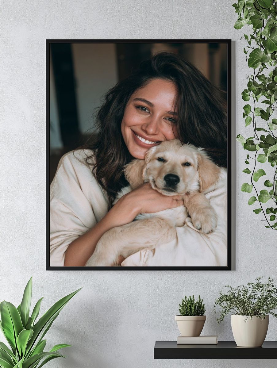 Woman with Golden Retriever Puppy Poster. — room view 4