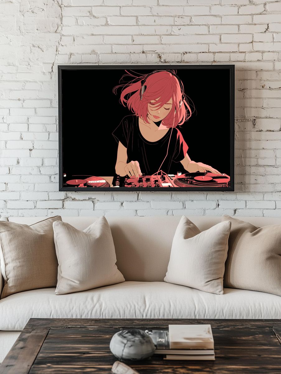 Anime DJ Girl — Illustration Print. — room view 1