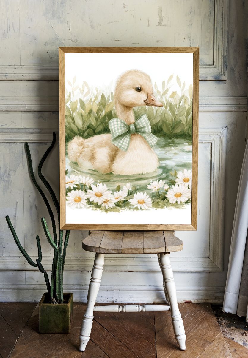 Duckling in Meadow Watercolor Print. room preview