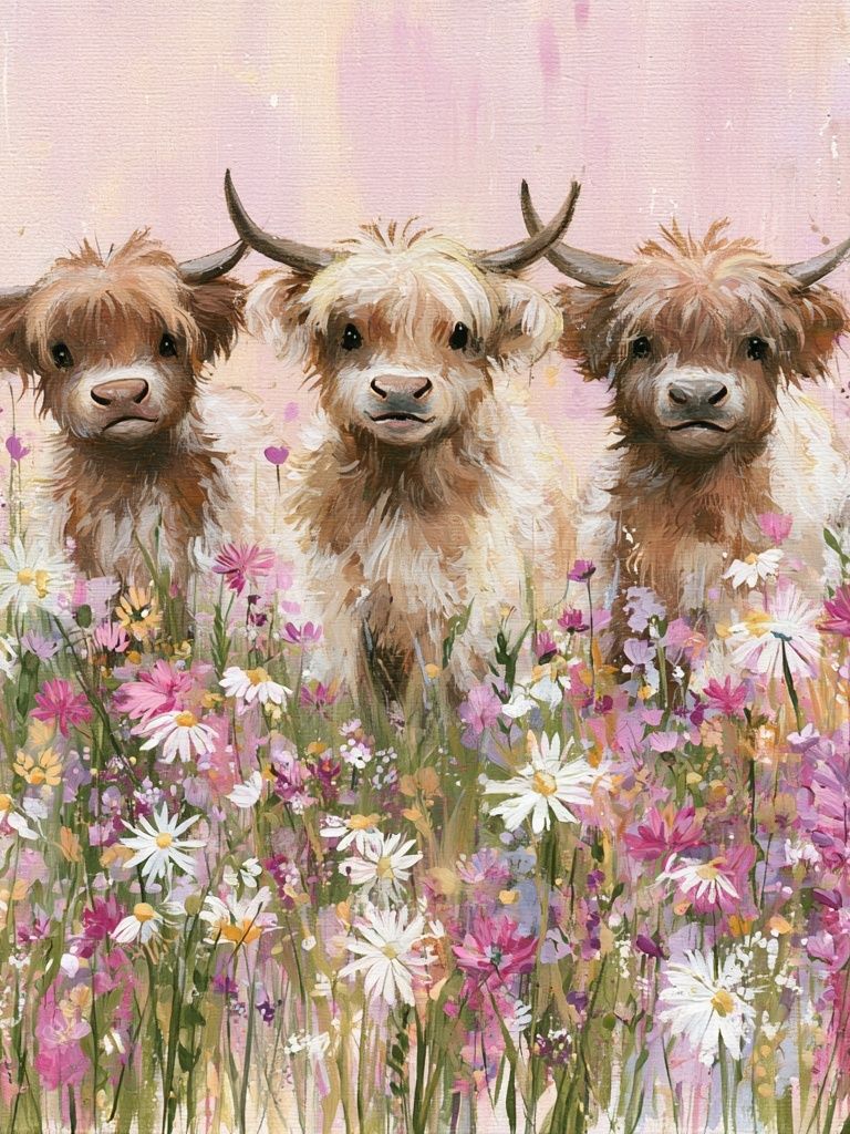 Highland Calves in Wildflowers Poster. poster detail