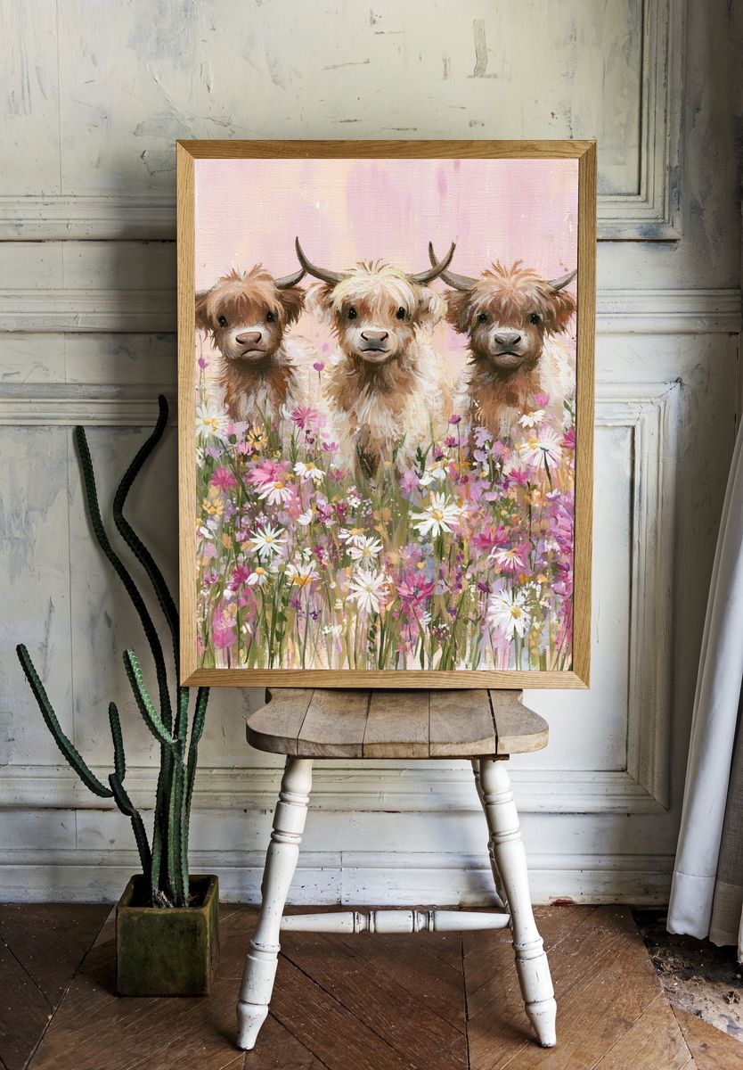 Highland Calves in Wildflowers Poster. — room view 1