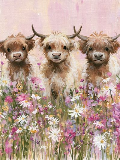 Highland Calves in Wildflowers Poster. poster