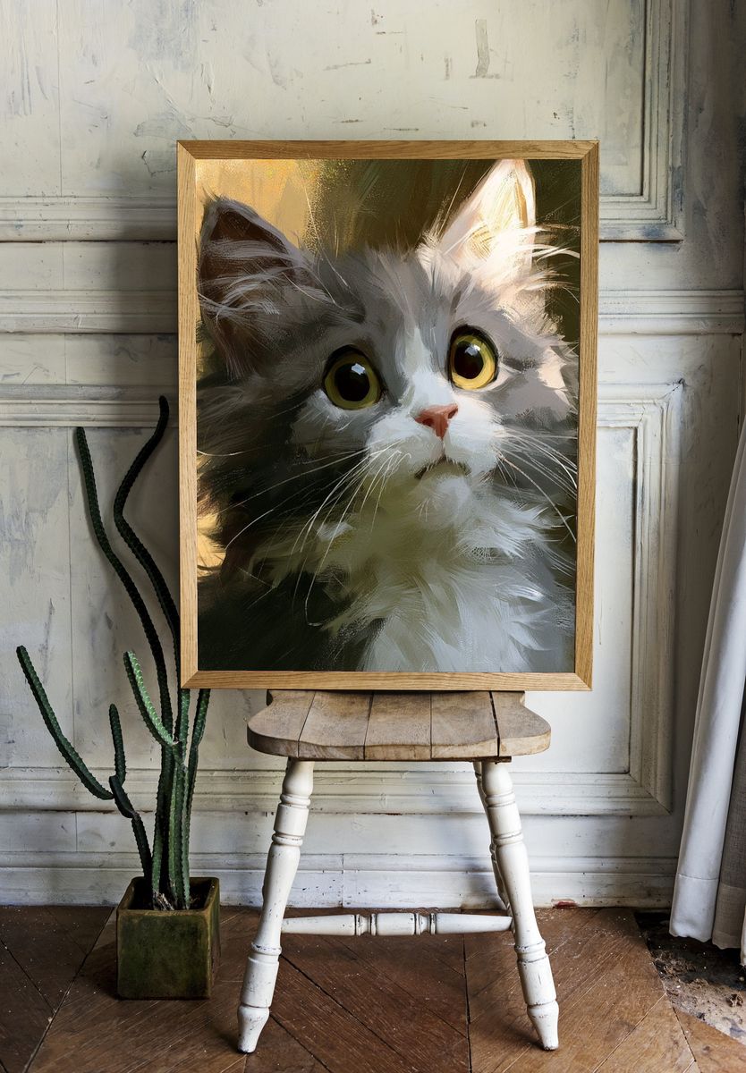 Wide-Eyed Kitten Illustration Poster. — room view 1