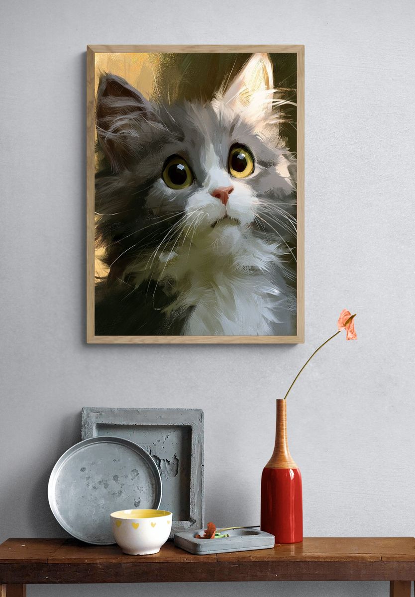 Wide-Eyed Kitten Illustration Poster. — room view 3