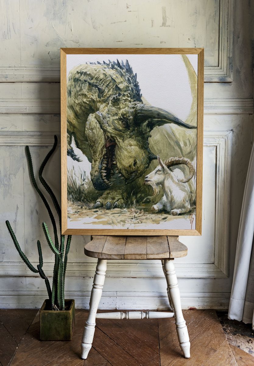 Dinosaur and Goat Watercolor Poster. — room view 1