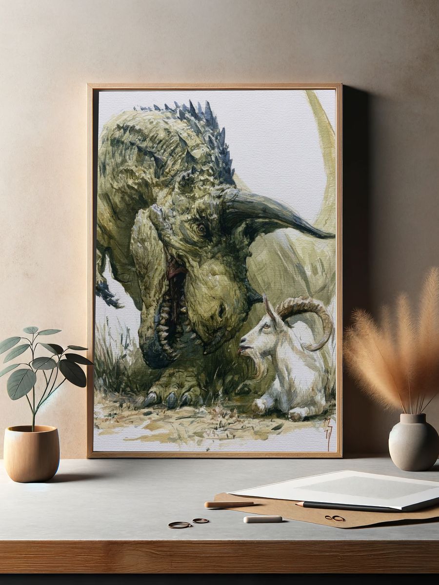 Dinosaur and Goat Watercolor Poster. — room view 2