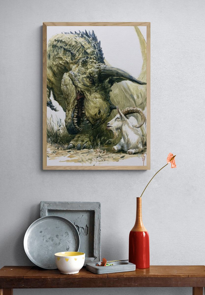 Dinosaur and Goat Watercolor Poster. — room view 3