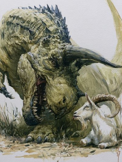Dinosaur and Goat Watercolor Poster. poster