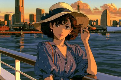 Sunset Harbor Girl Anime Poster.