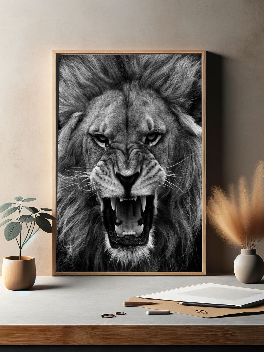 Roaring Lion Black-White Poster. — room view 2