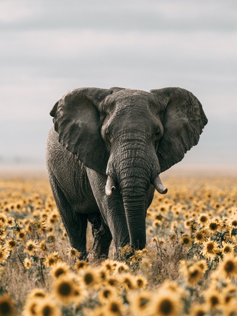 Elephant in Sunflower Field Photography Poster. poster detail