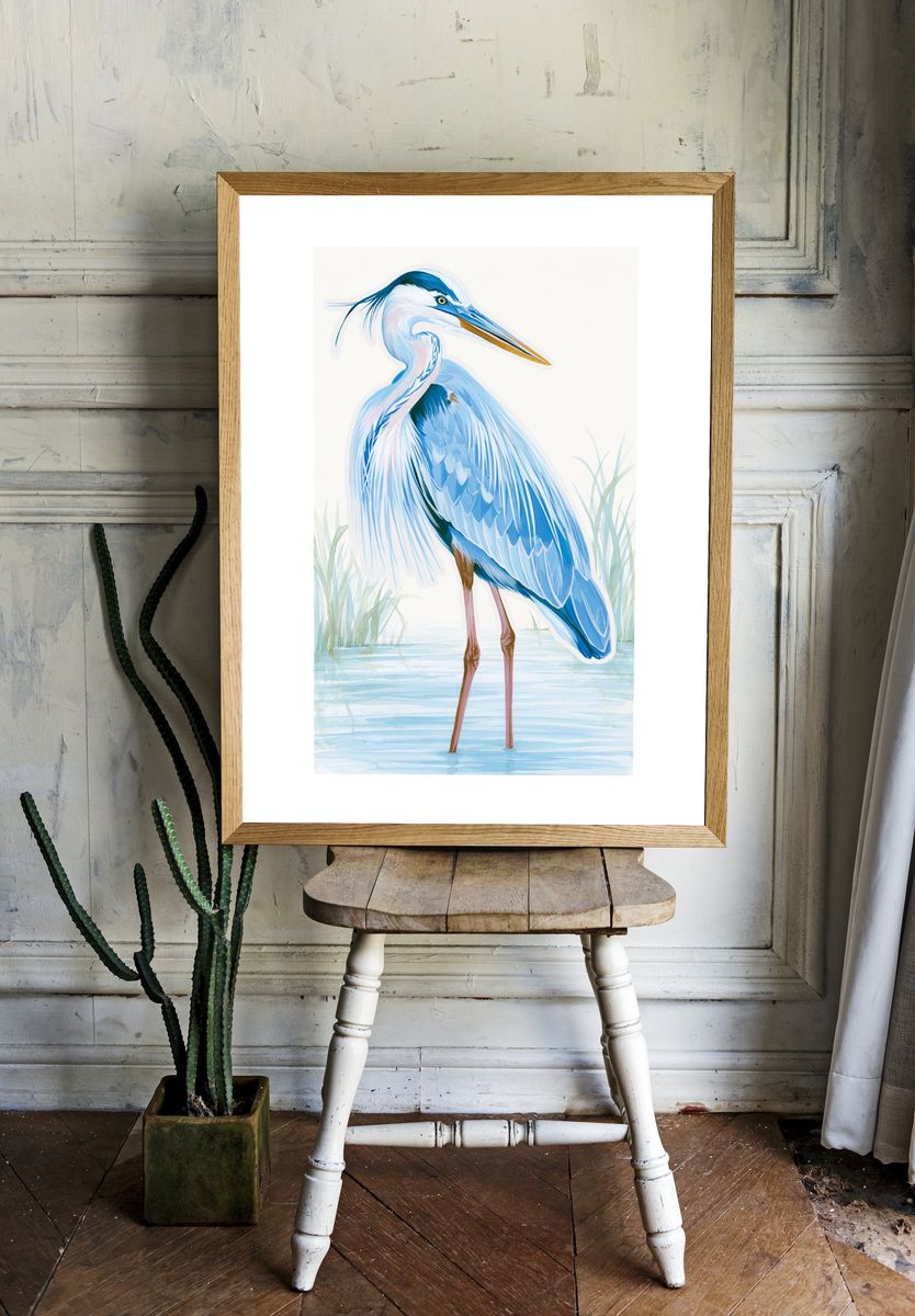 Blue Heron Watercolor Print. — room view 1