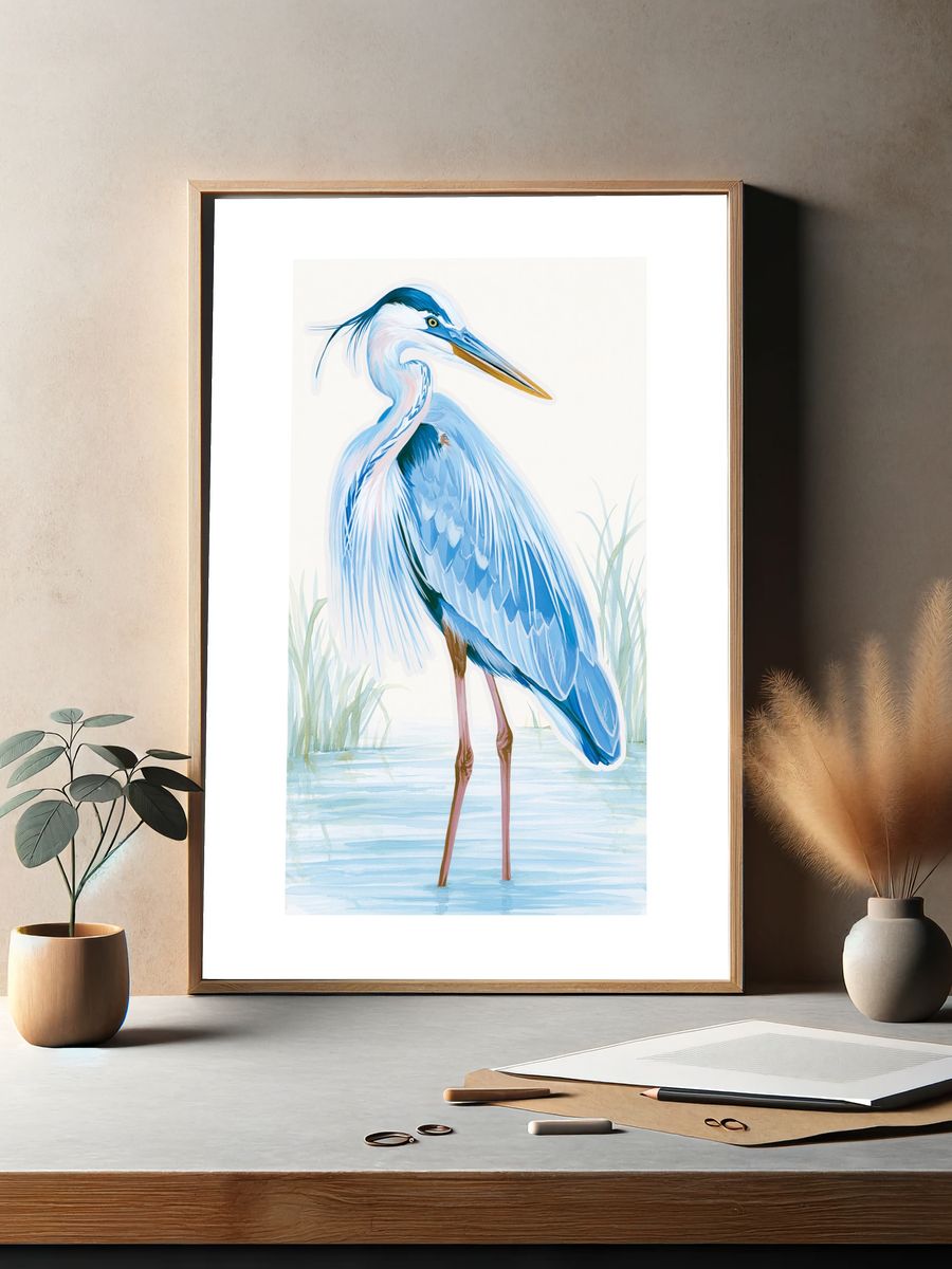 Blue Heron Watercolor Print. — room view 2