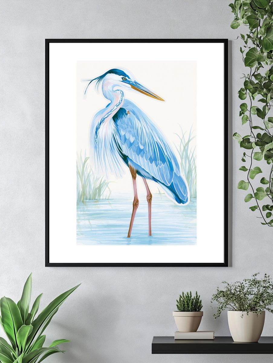 Blue Heron Watercolor Print. — room view 4