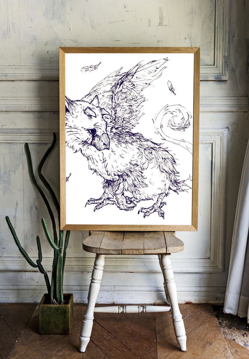Winged Cat Sketch Poster. — room view 1