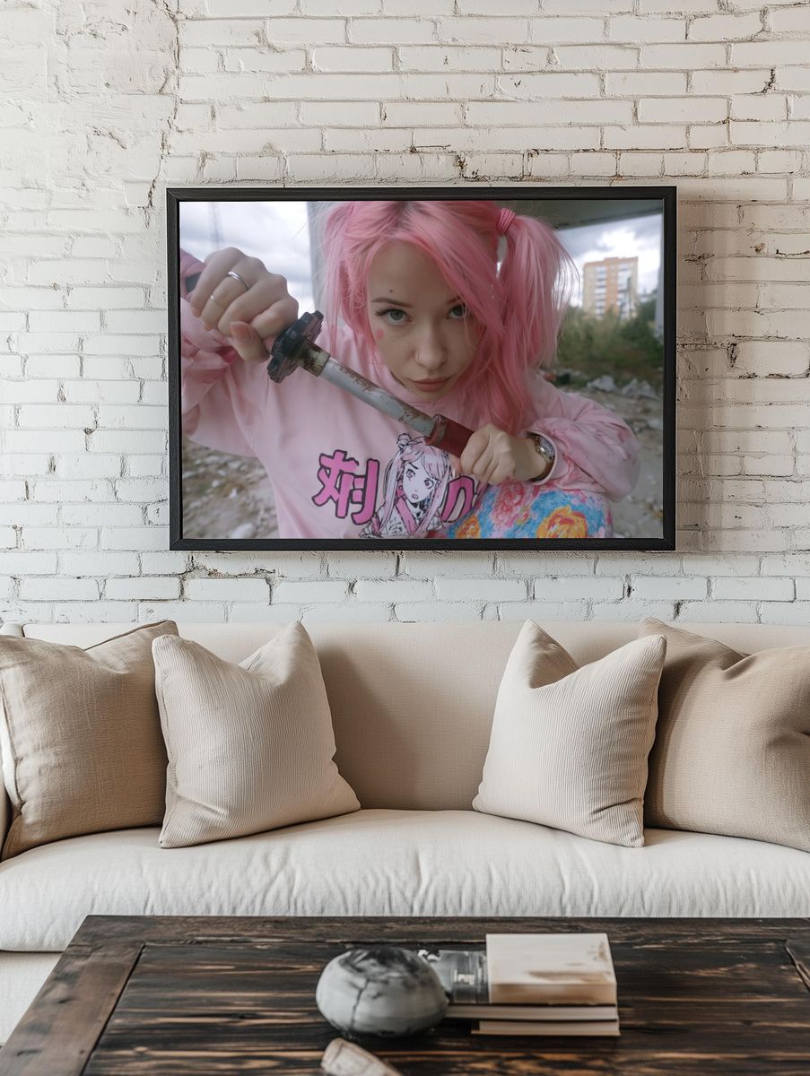 Pink Hair Cosplay Portrait Print. room preview
