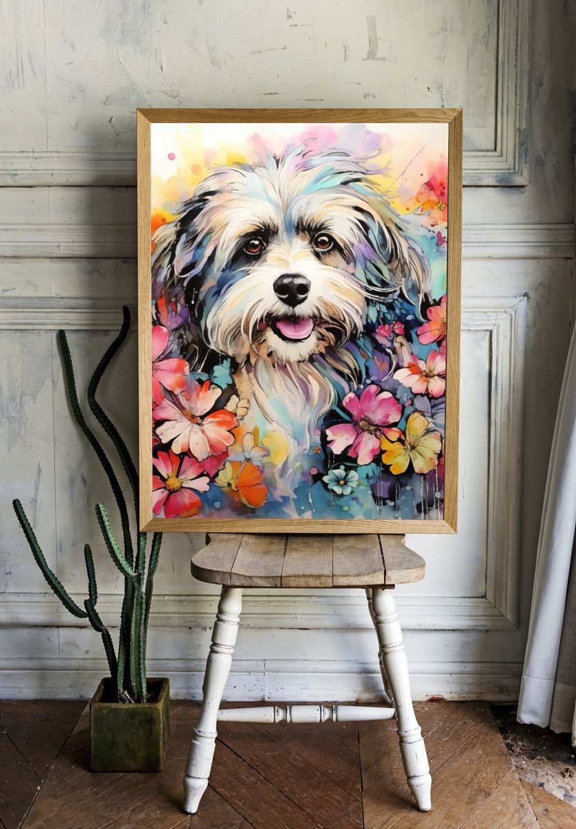 Floral Dog Portrait Illustration Poster. — room view 1
