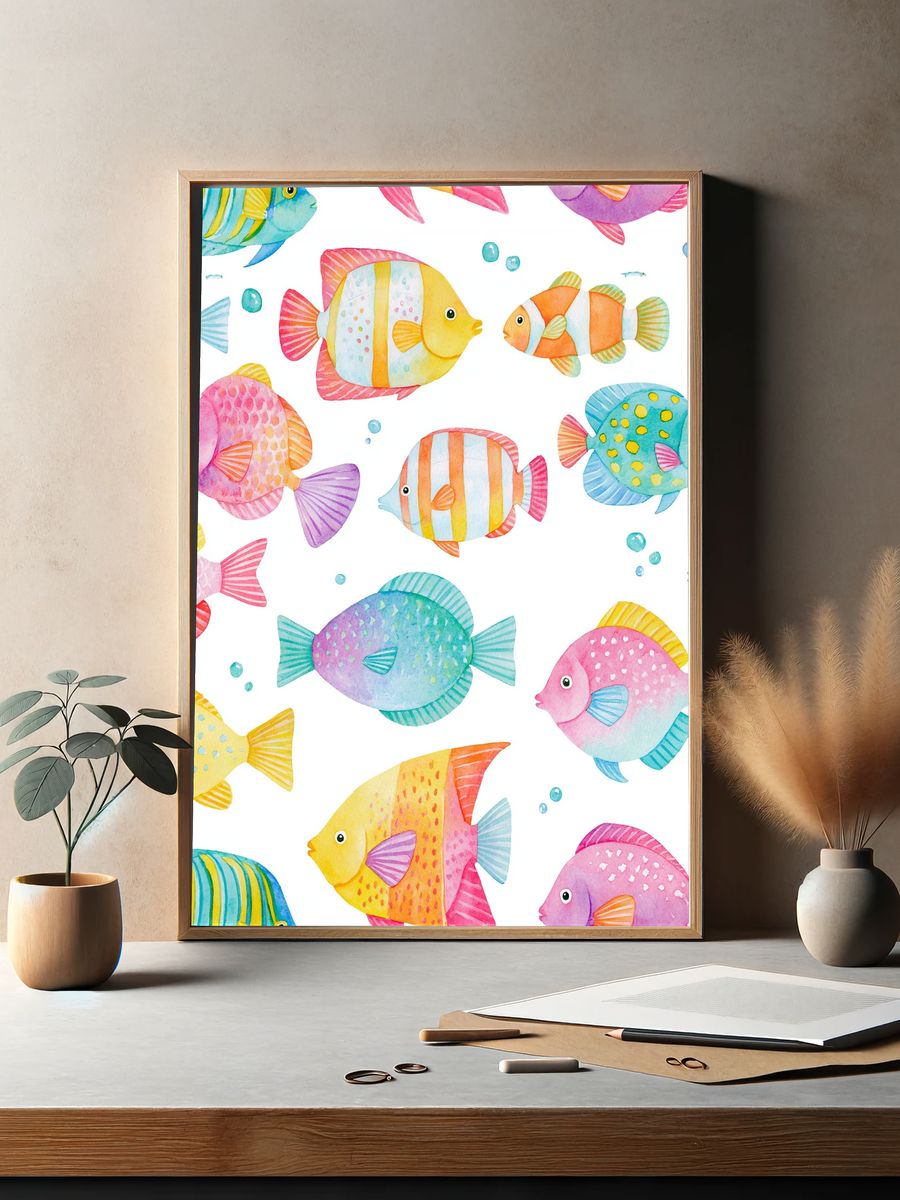 Colorful Tropical Fish Watercolor Poster. — room view 2