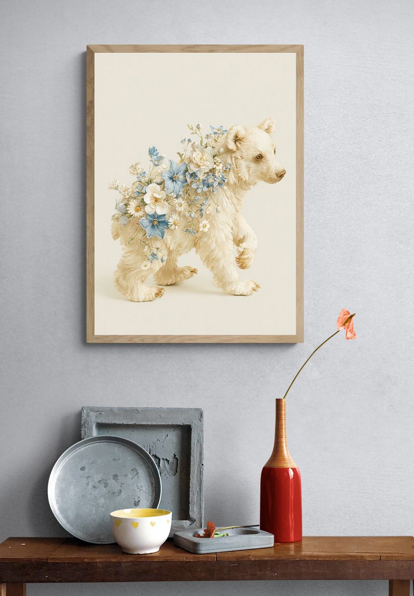 Floral Bear Cub Illustration Poster. — room view 3