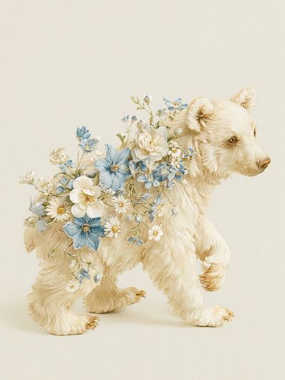 Floral Bear Cub Illustration Poster. poster