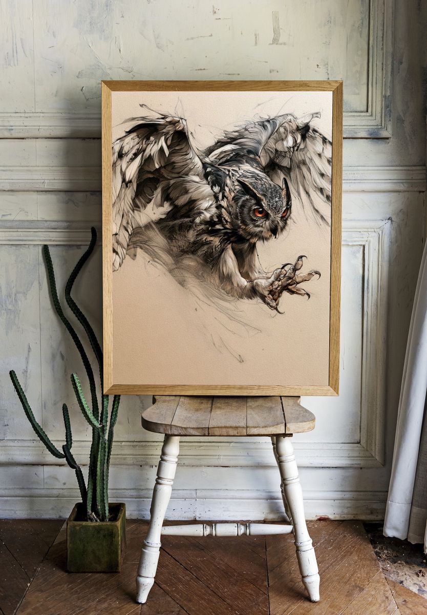 Owl in Flight Illustration Poster. — room view 1
