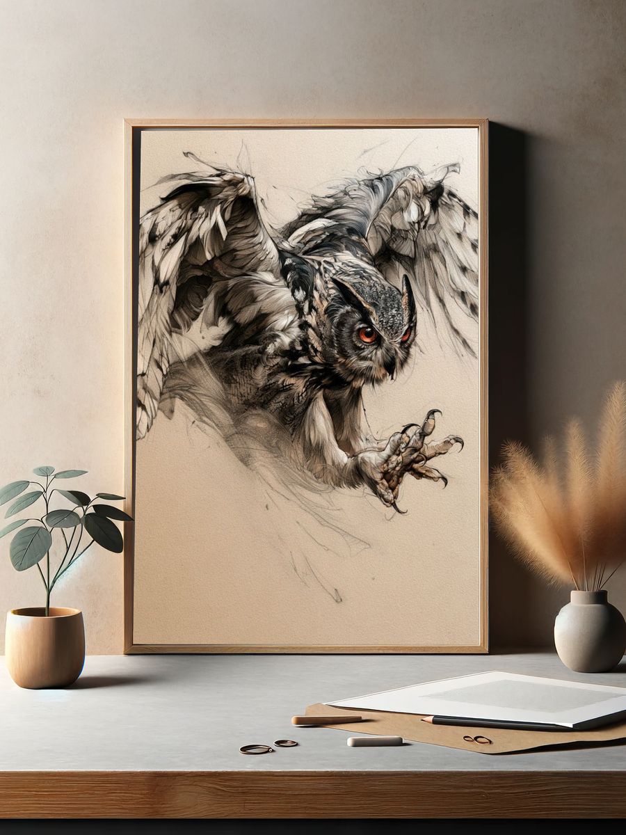 Owl in Flight Illustration Poster. — room view 2
