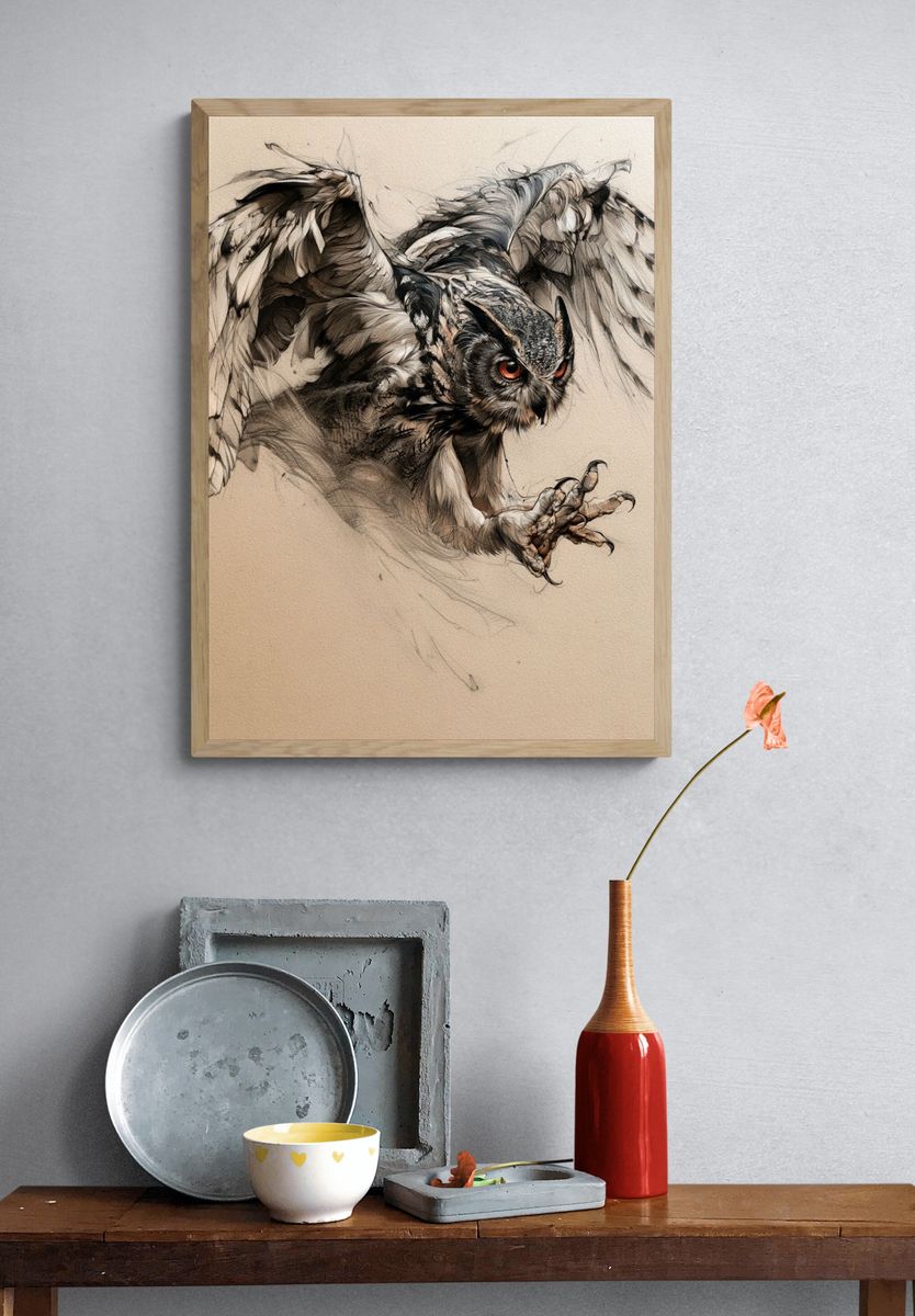 Owl in Flight Illustration Poster. — room view 3