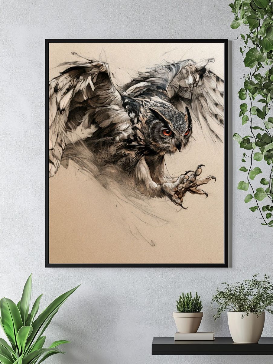 Owl in Flight Illustration Poster. — room view 4
