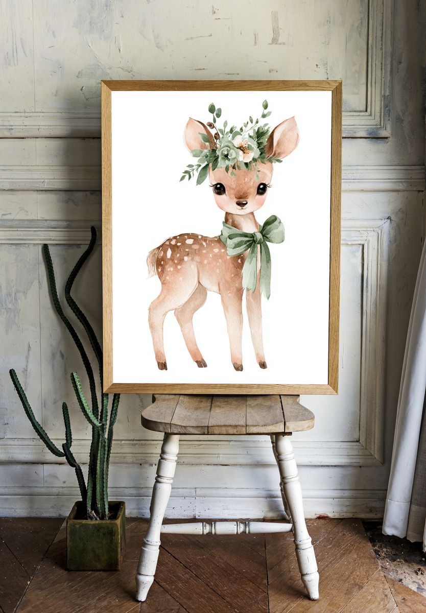 Floral Fawn Watercolor Poster. — room view 1
