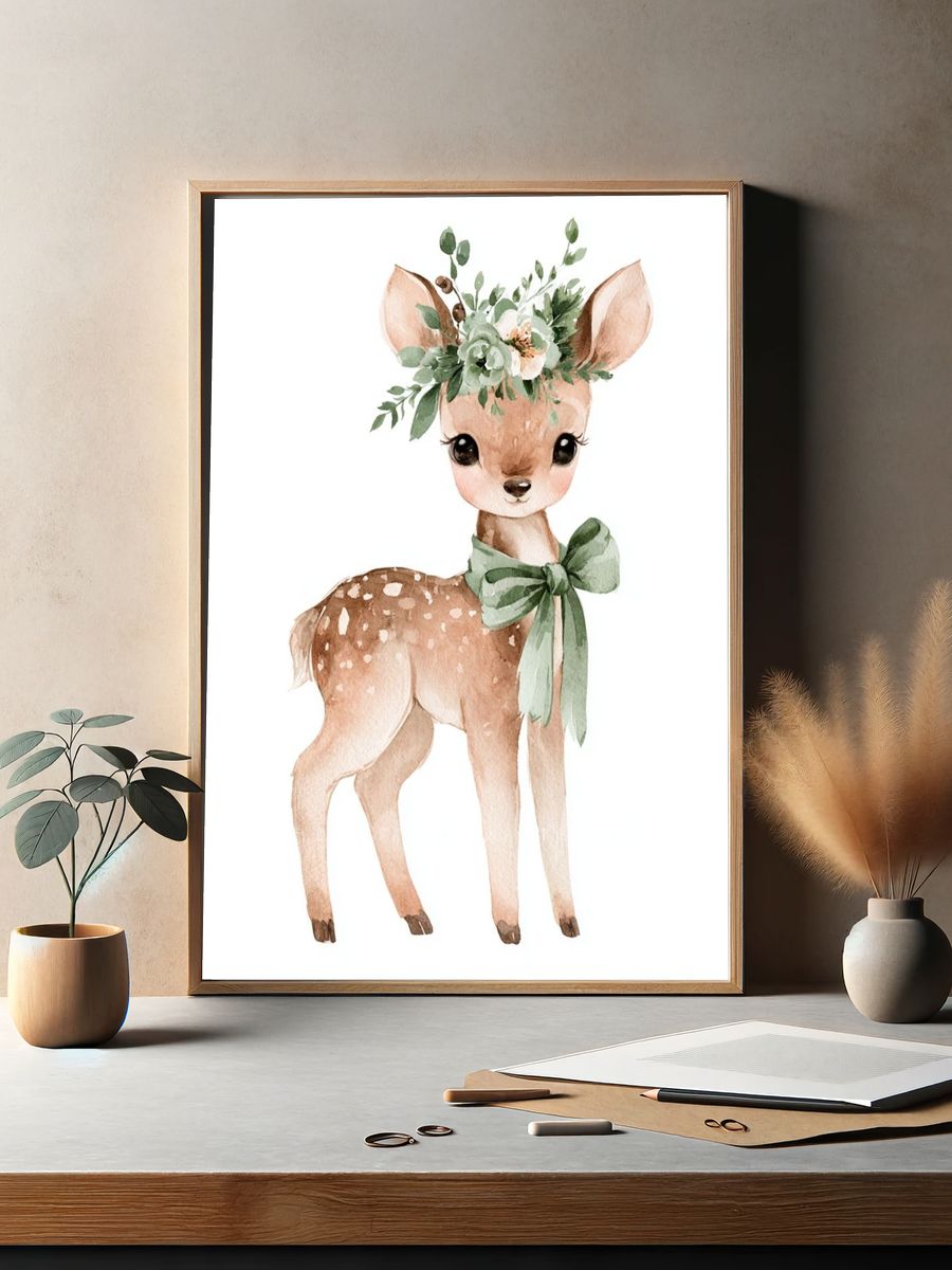 Floral Fawn Watercolor Poster. — room view 2