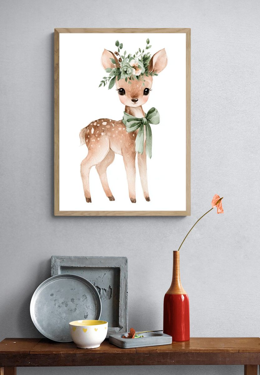 Floral Fawn Watercolor Poster. — room view 3