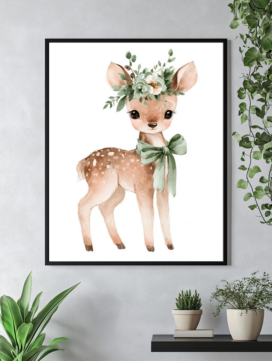 Floral Fawn Watercolor Poster. — room view 4