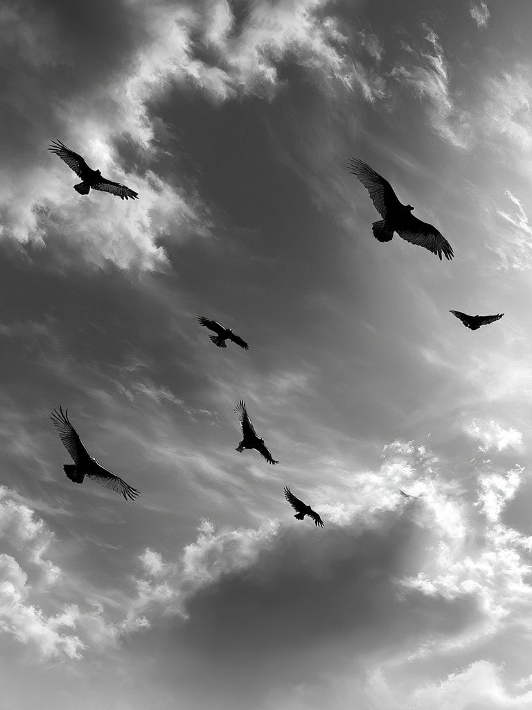 Birds in Stormy Sky Black-White Print. poster detail