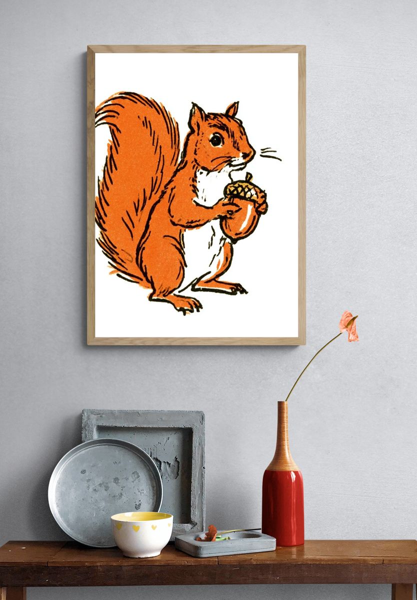 Red Squirrel with Acorn Illustration Poster. — room view 3