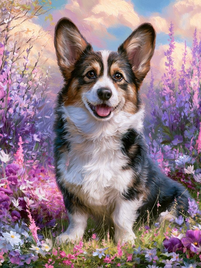 Corgi in Wildflower Meadow Illustration Poster. poster detail