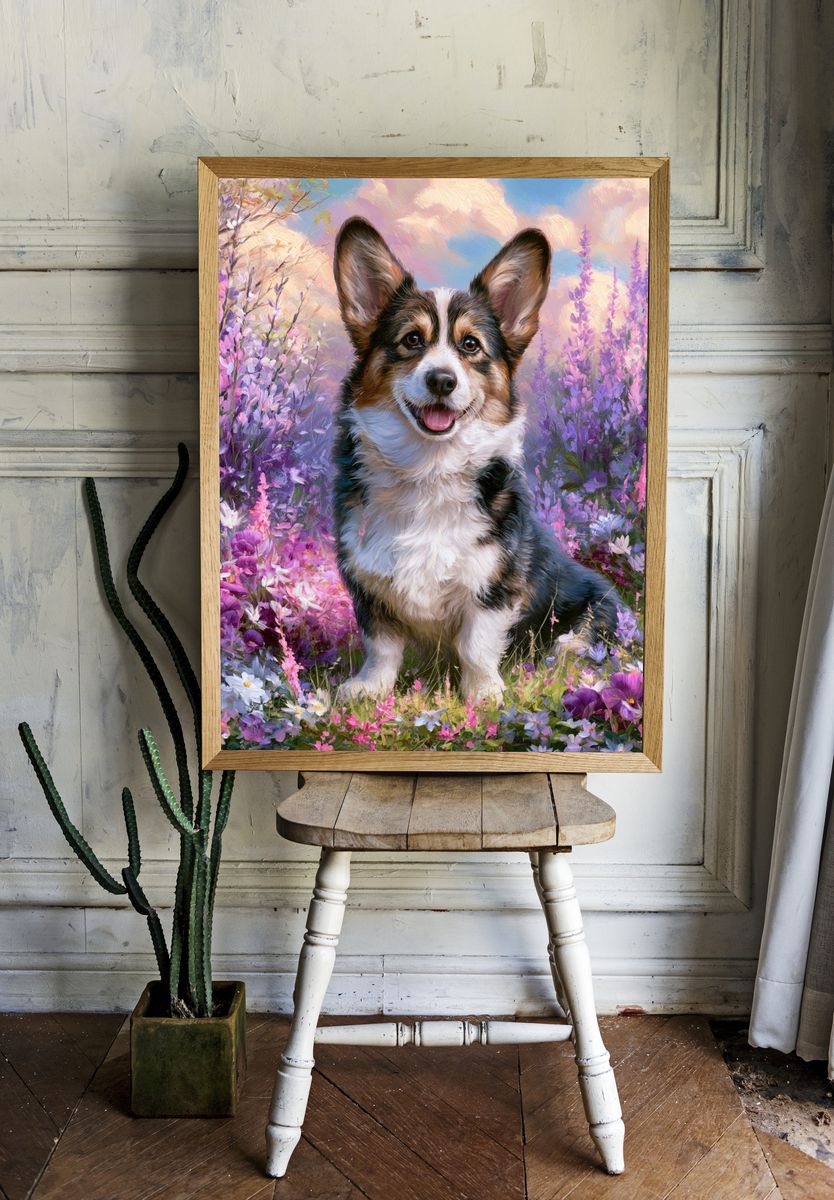 Corgi in Wildflower Meadow Illustration Poster. — room view 1