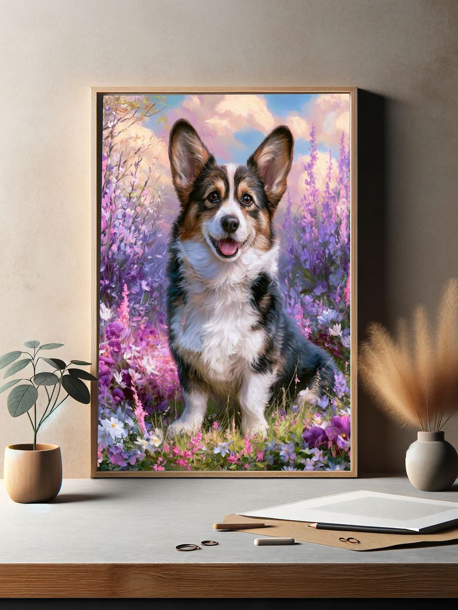 Corgi in Wildflower Meadow Illustration Poster. — room view 2