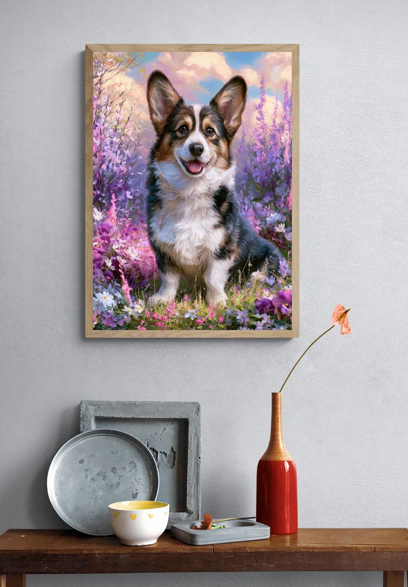 Corgi in Wildflower Meadow Illustration Poster. — room view 3