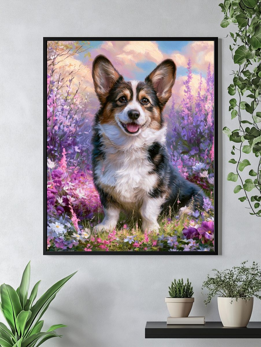 Corgi in Wildflower Meadow Illustration Poster. — room view 4