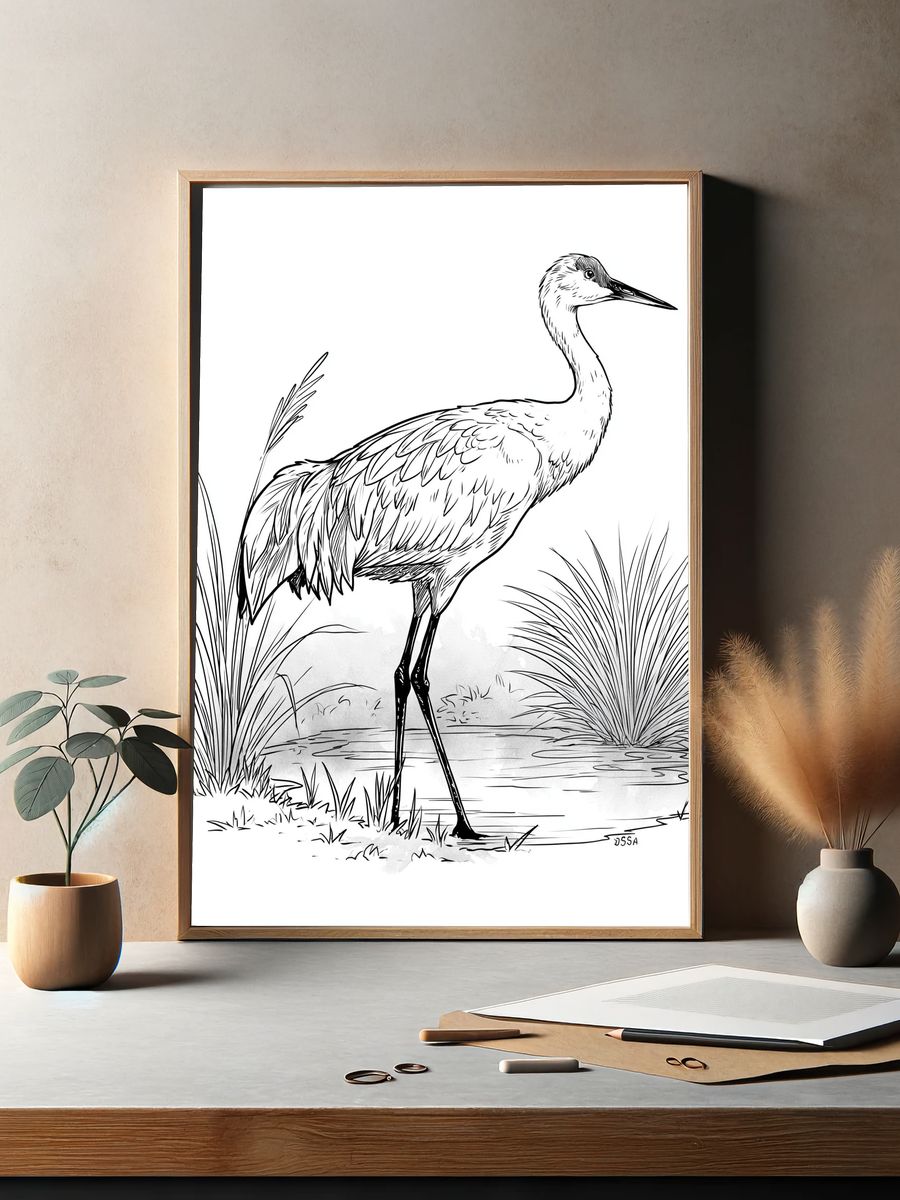 Crane Line Art Print. — room view 2