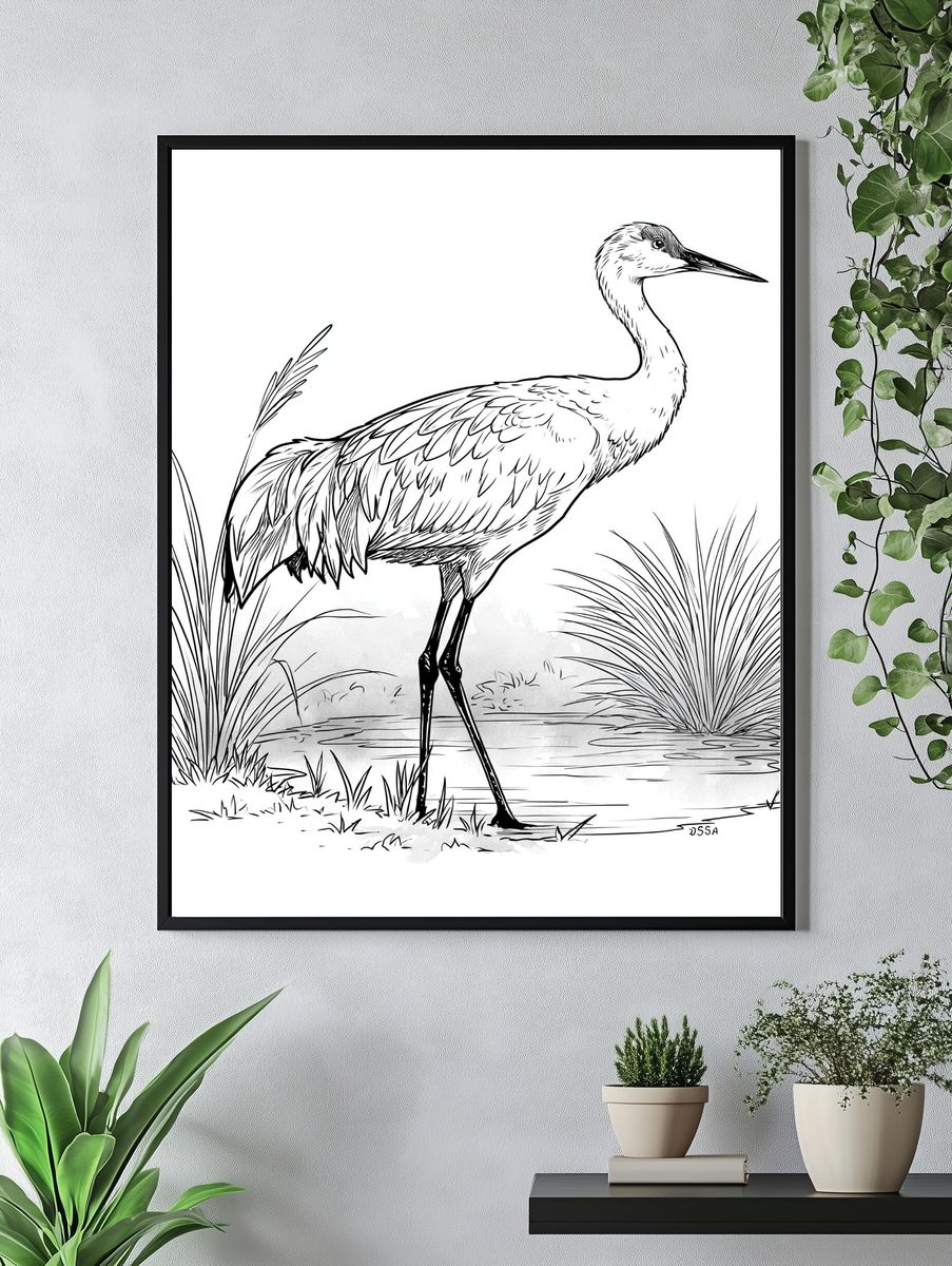 Crane Line Art Print. — room view 4