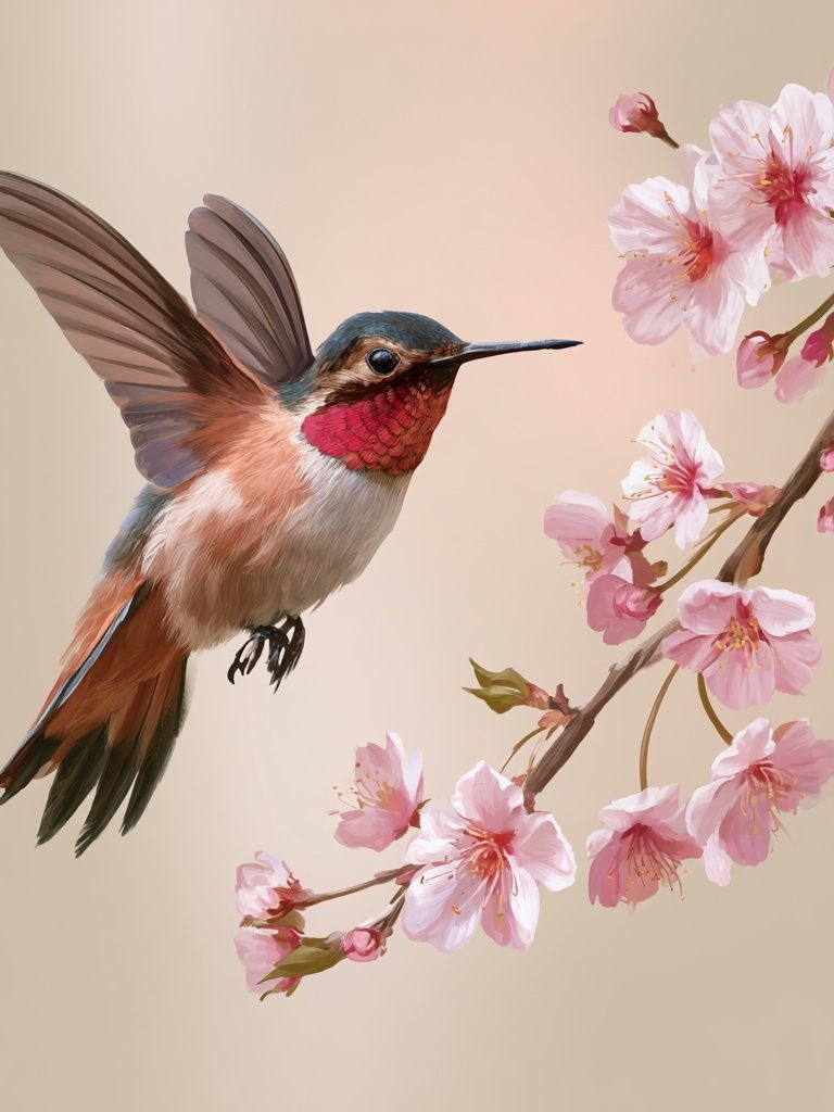 Hummingbird and Cherry Blossom Illustration Poster. poster detail