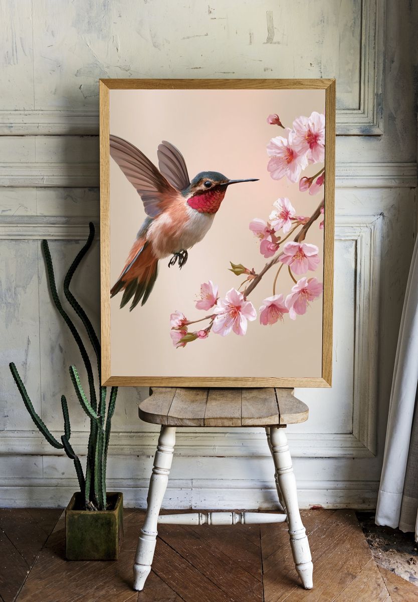 Hummingbird and Cherry Blossom Illustration Poster. — room view 1