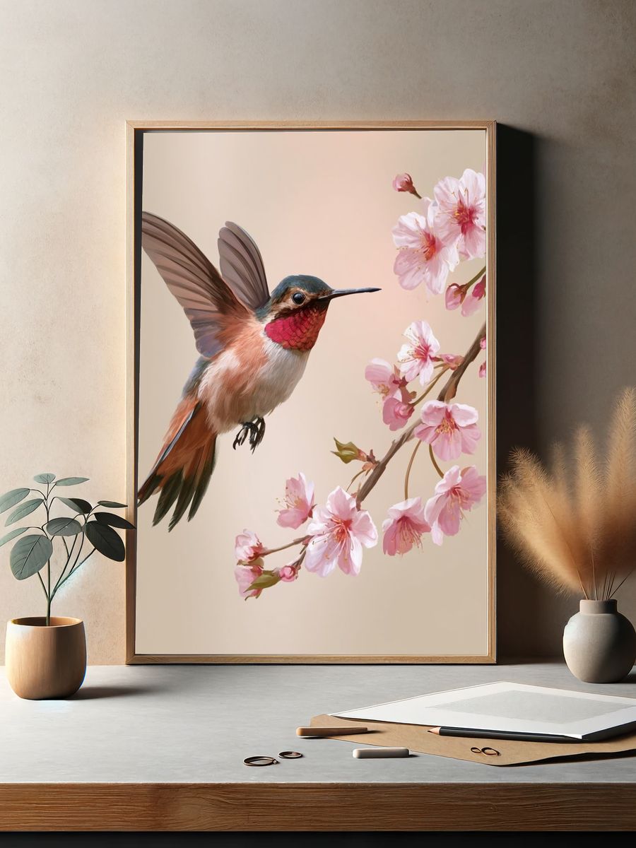 Hummingbird and Cherry Blossom Illustration Poster. — room view 2
