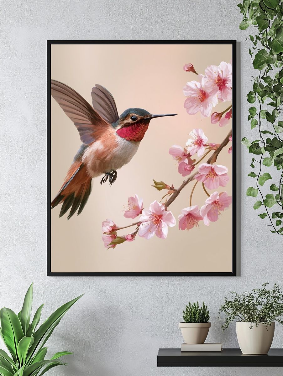Hummingbird and Cherry Blossom Illustration Poster. — room view 4
