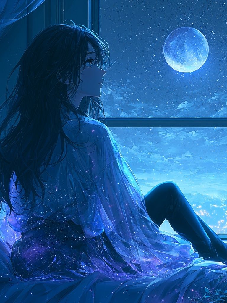 Moonlit Girl by the Window Print. poster detail