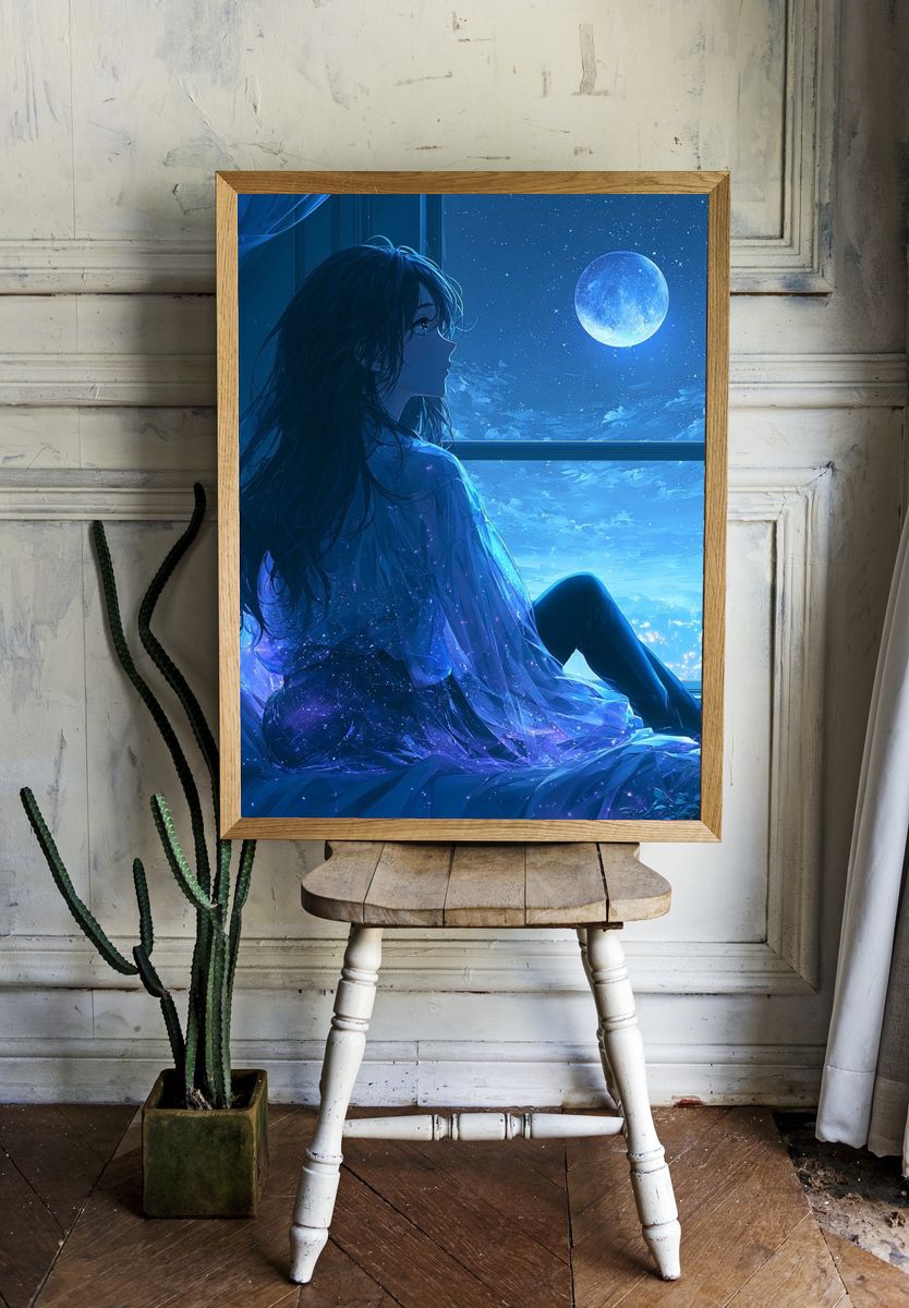 Moonlit Girl by the Window Print. — room view 1