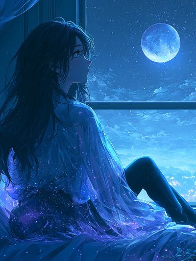 Moonlit Girl by the Window Print. poster print